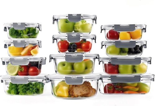 BYLWORKOUT Glass Storage Containers - 24 Piece Leak Proof Set for Meal Prep | Dishwasher Safe (Grey)