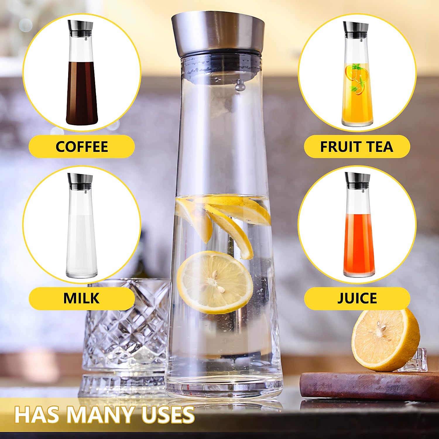 GLASKEY Glass Water Carafe with Lid,1200ml Glass Juice Pitcher with Stainless Steel Gravity Lid,Clear Water Pitcher for Ice Tea, Lemonade, Coffee,Juice Beverage,40 oz