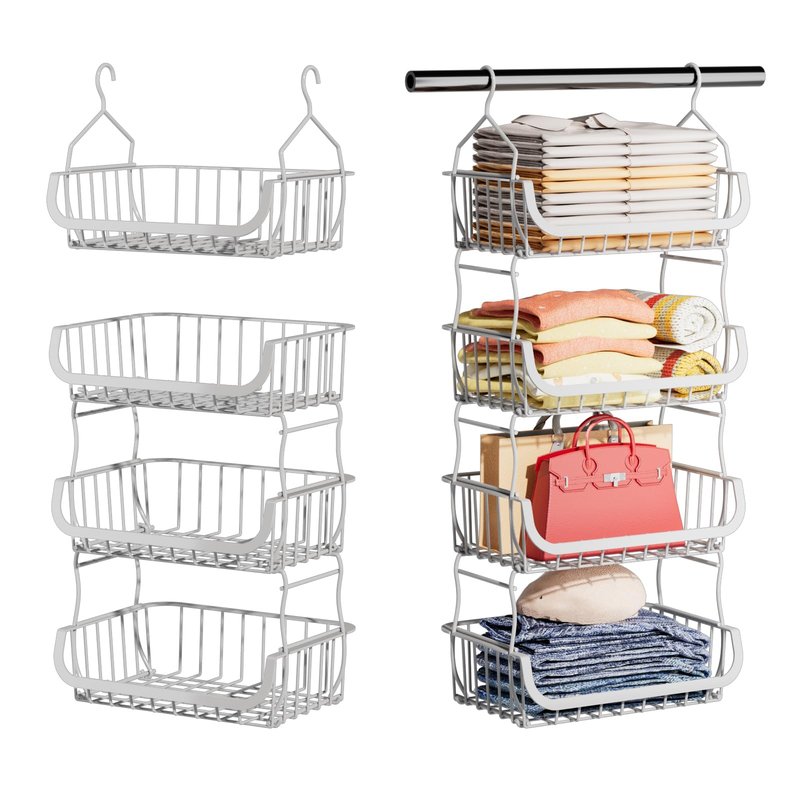 Metal Closet Hanging Organizer, 4 Tier Stackable Closet Organizers and Storage, Sturdy Clothes Hanging Shelves, Wire Storage Basket for Clothing Pants Coat Sweaters Handbags Hats, RV Pantry Organizer