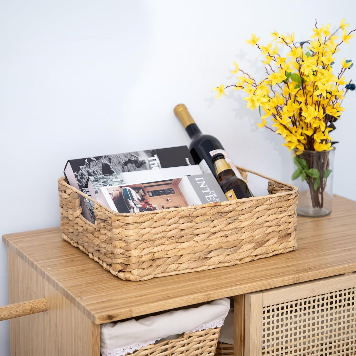 YAHUAN Water Hyacinth Storage Baskets - Stylish Organizing Solution with Handles | Square Shallow Design