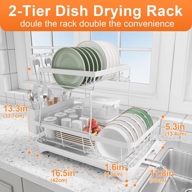 Dish Drying Rack - 304 Stainless Steel Dish Rack for Kitchen Counter , Adjustable Spout Auto-Draining Dish Rack, 2-Tier Kitchen Organizers and Storage Rack with Drainboard and Cutlery Holder White