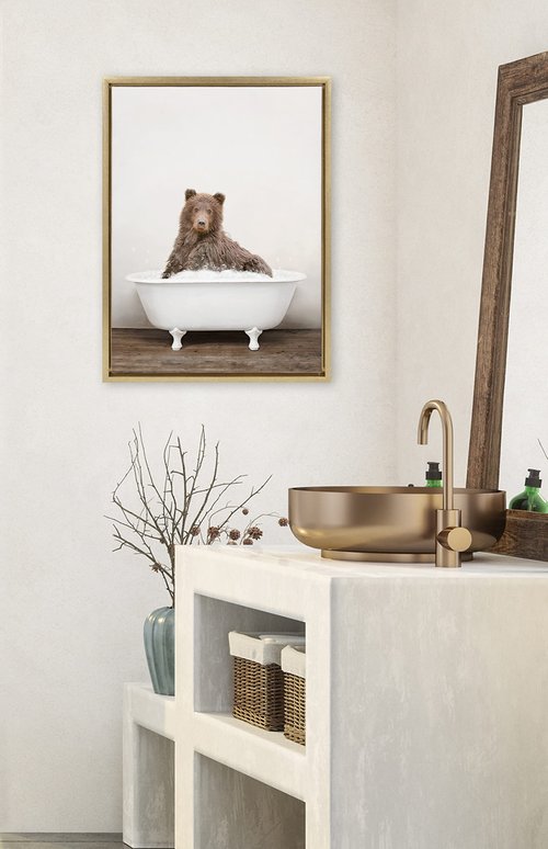 Kate and Laurel Sylvie Bear Rustic Bubble Bath Framed Canvas Wall Art by Amy Peterson Art Studio, 18x24 Natural, Modern Fun Decorative Bathtub Wall Art for Home Décor