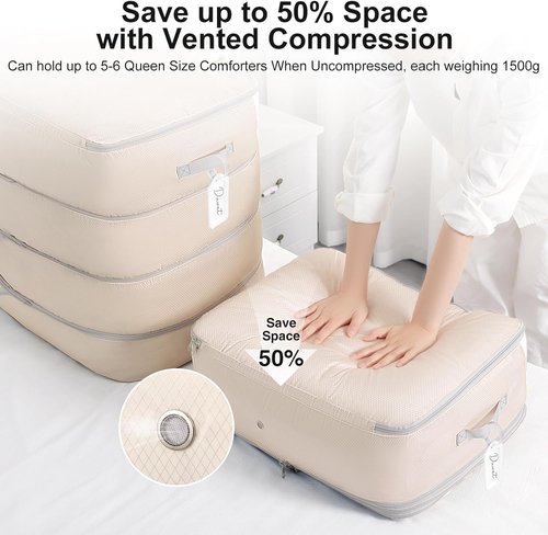 Comforter Storage Bag | Skiennix 130L Large Capacity Washable Compression Organizer - 2-Pack, Beige