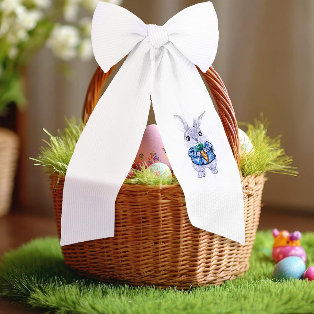 Wavwavw Seersucker Easter Basket - Embroidered Bunny Design with Large Pastel Gift Bow | White