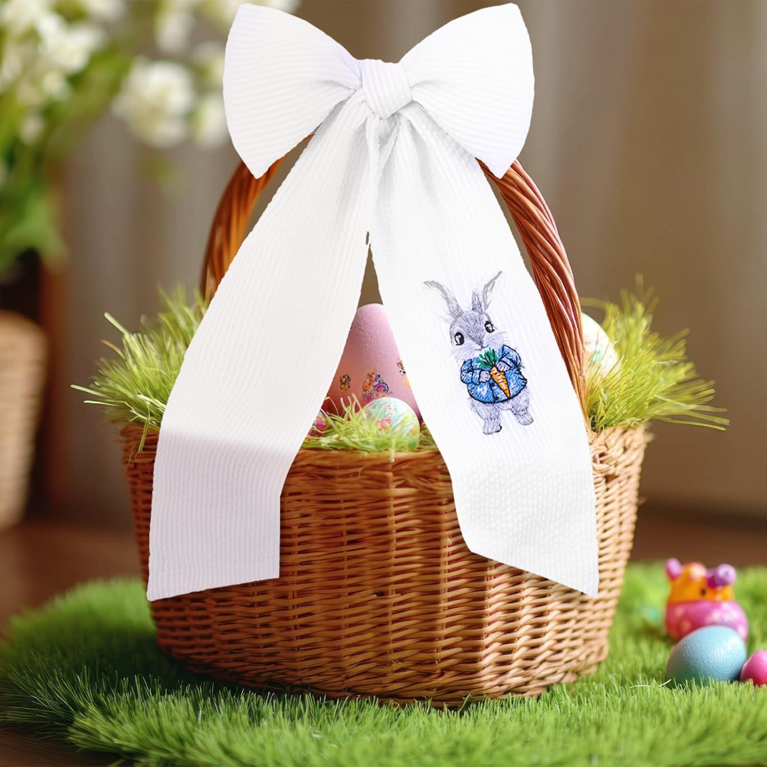 Wavwavw Seersucker Easter Basket - Embroidered Bunny Design with Large Pastel Gift Bow | White