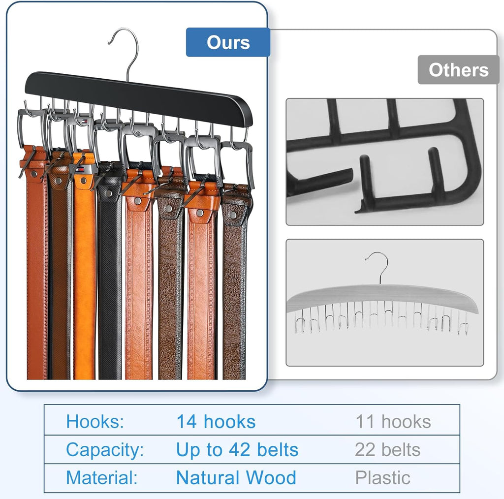 Skiennix Belt Hanger | Sturdy Wood Belt Rack Organizer with 14 Hooks - Black, Max 42 Belts Capacity
