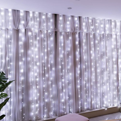 HXWEIYE 300LED Fairy Curtain Lights - 9.8x9.8Ft USB Plug-In with 8 Modes & Remote | White Indoor Decor