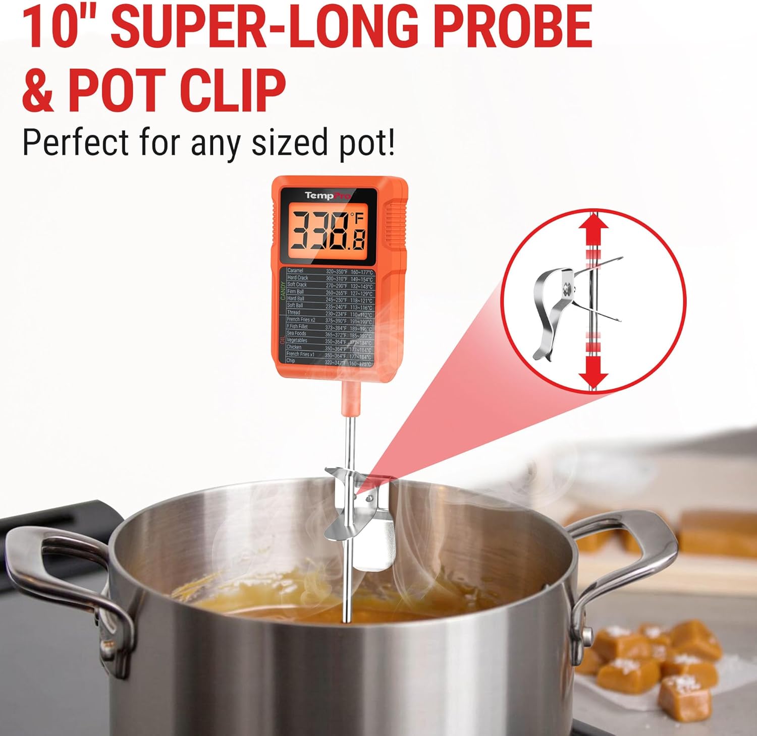 TempPro Waterproof Digital Candy Thermometer - Instant Read 10" Long Probe for Cooking & BBQ