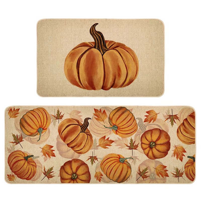 Fall Pumpkin Kitchen Mats Set of 2, Non-Slip Absorbent Rug and Door Mats, Seasonal Thanksgiving Autumn Home Decor Kitchen Floor Mat 17x29 and 17x47 Inch DM087