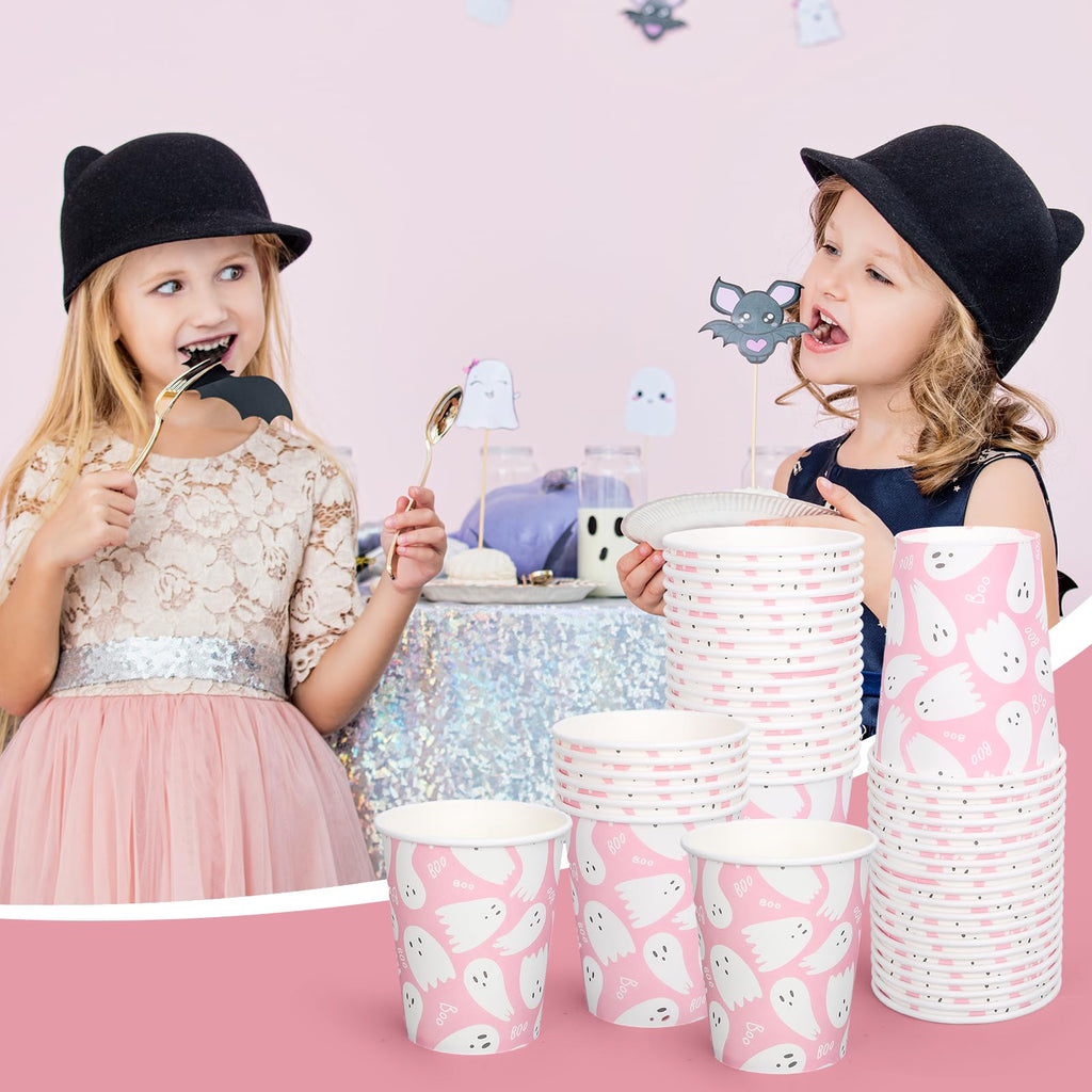 Whaline 50Pcs Halloween Ghost Paper Cups Cute Pink White Ghost Disposable Cups Halloween Party Cups for Cold Hot Coffee Drink Table Decor Supplies, 9 Oz