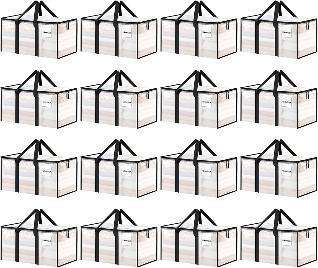 Skiennix 16 Pack Extra Large Heavy Duty Moving Bags - Clear Storage Totes with Reinforced Handles & Zippers