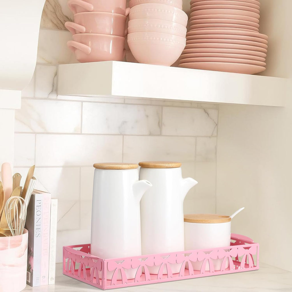 Skiennix Pink Bow Toilet Paper Basket - Cute Metal Holder with Handle for Bathroom Storage | Coquettish Decor