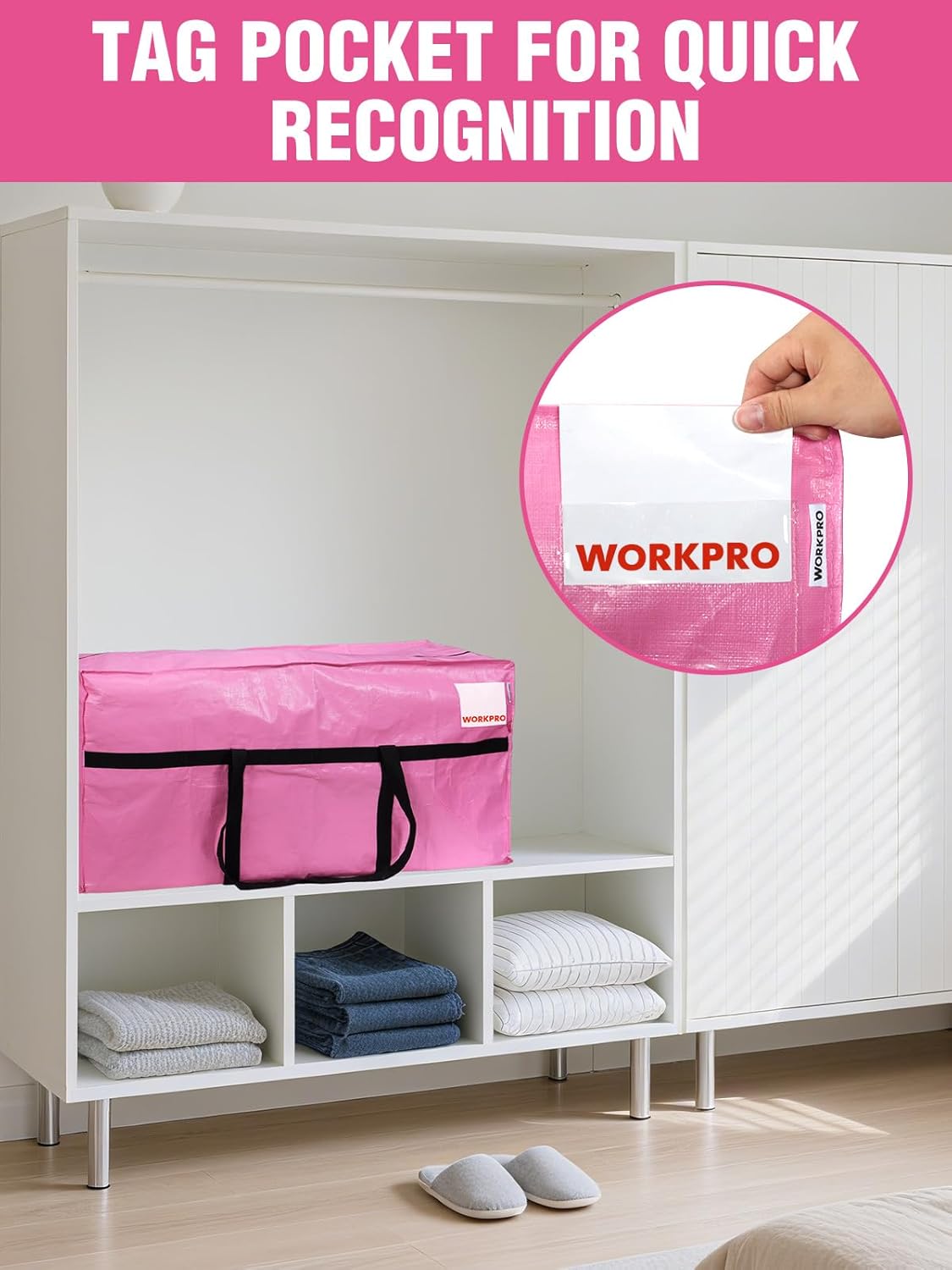 WORKPRO 66 Gallon Extra Large Moving Bags - Heavy-Duty, Water-Resistant Totes with Zippers & Handles | Pink