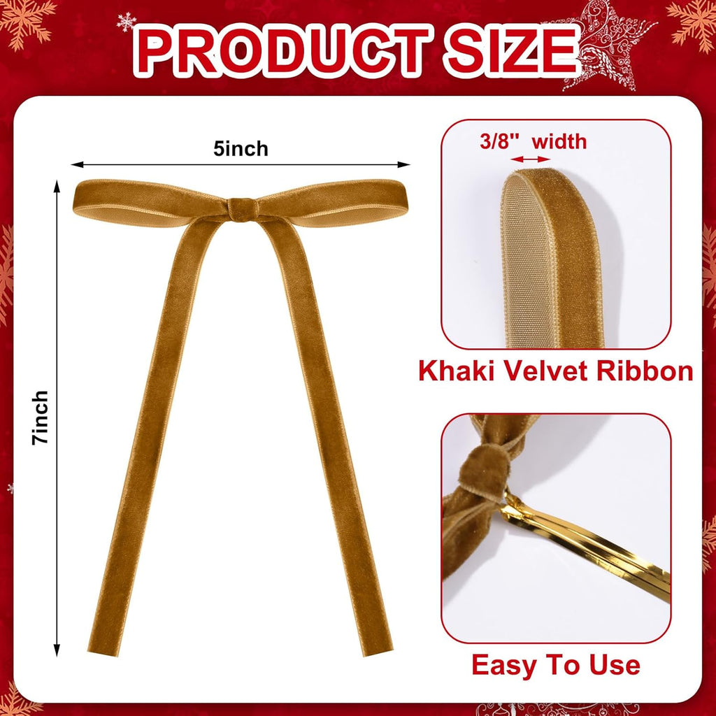 Skiennix Velvet Bows - 24 Pcs Vintage Ribbon Bows for Christmas Tree & Crafts | 5 x 7 Inch, Khaki