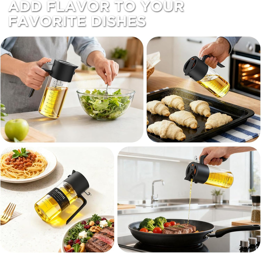 PLAPITATE Premium Olive Oil Sprayer - 2-in-1 Glass Dispenser with Portion Control | 17oz Black