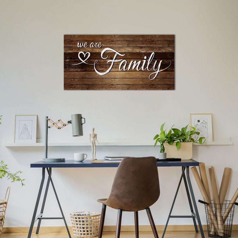 KREATIVE ARTS We Are Family Wall Art Rustic Farmhouse Canvas Print Brown Wood Grain Inspirational Quote Painting for Kitchen Living Room Bedroom Home Decor 20x40 Inch