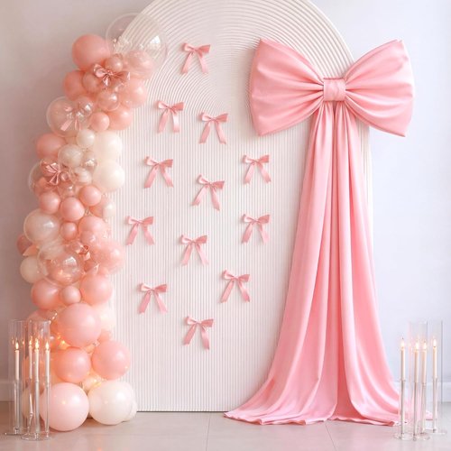 Crowye Large Pink Bow Decor Set - 71x20 Giant Coquette Bow & 12 Small 6" Bows for Weddings & Parties