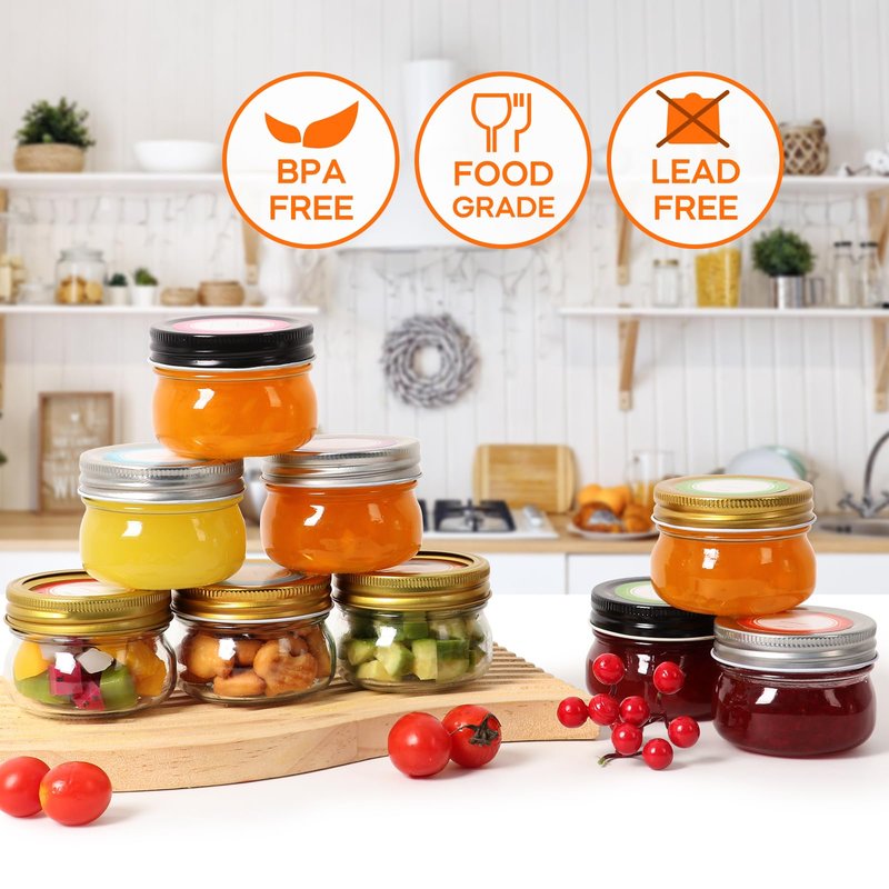 Mcupper 4 oz Mason Jars With Gold Lids and Bands, 24 Pack Regular Mouth Canning Jars for Jam, Honey, Yogurt, Candy, Spices, Snacks, DIY Projects, Wedding Favors- Includes 30 Stickers
