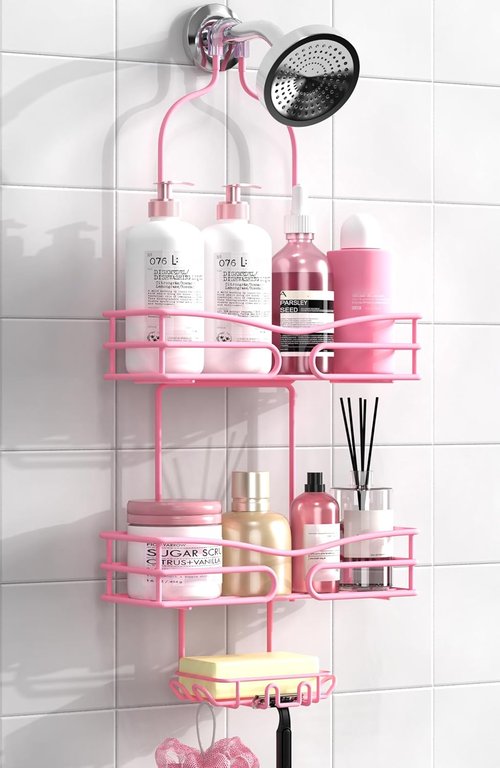 DAOYA 3-Tier Pink Overhead Shower Caddy - Bathroom Organizer with Soap Holder & 6 Hooks