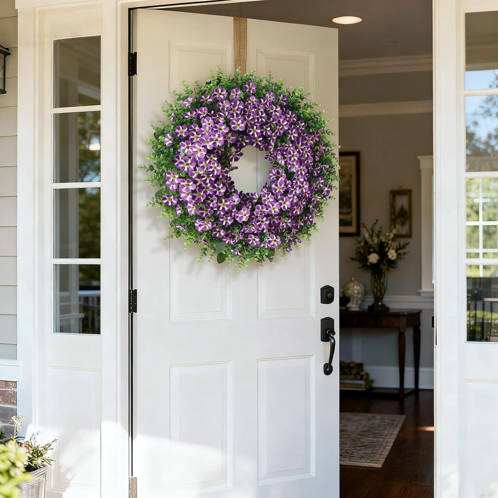 Skiennix 26" Large Artificial Eucalyptus Wreath - Realistic Faux Silk Morning Glory Flowers for Home & Wedding Decor (Purple)