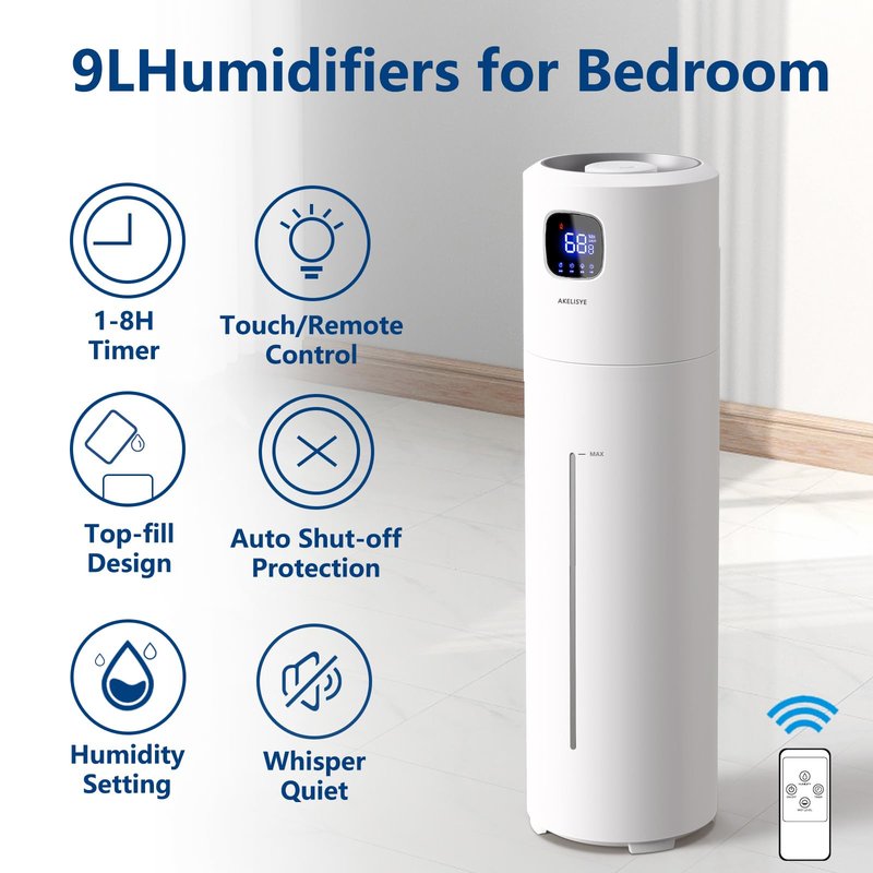 AKELISYE Large Humidifiers for Bedroom, 9L/2.5Gal Ultrasonic Cool Mist Humidifier, Easy Clean Humidifier with 350ML/H Large Mist Speed, Quiet Tower Humidifier, Suitable for Kids Room Plant Yoga