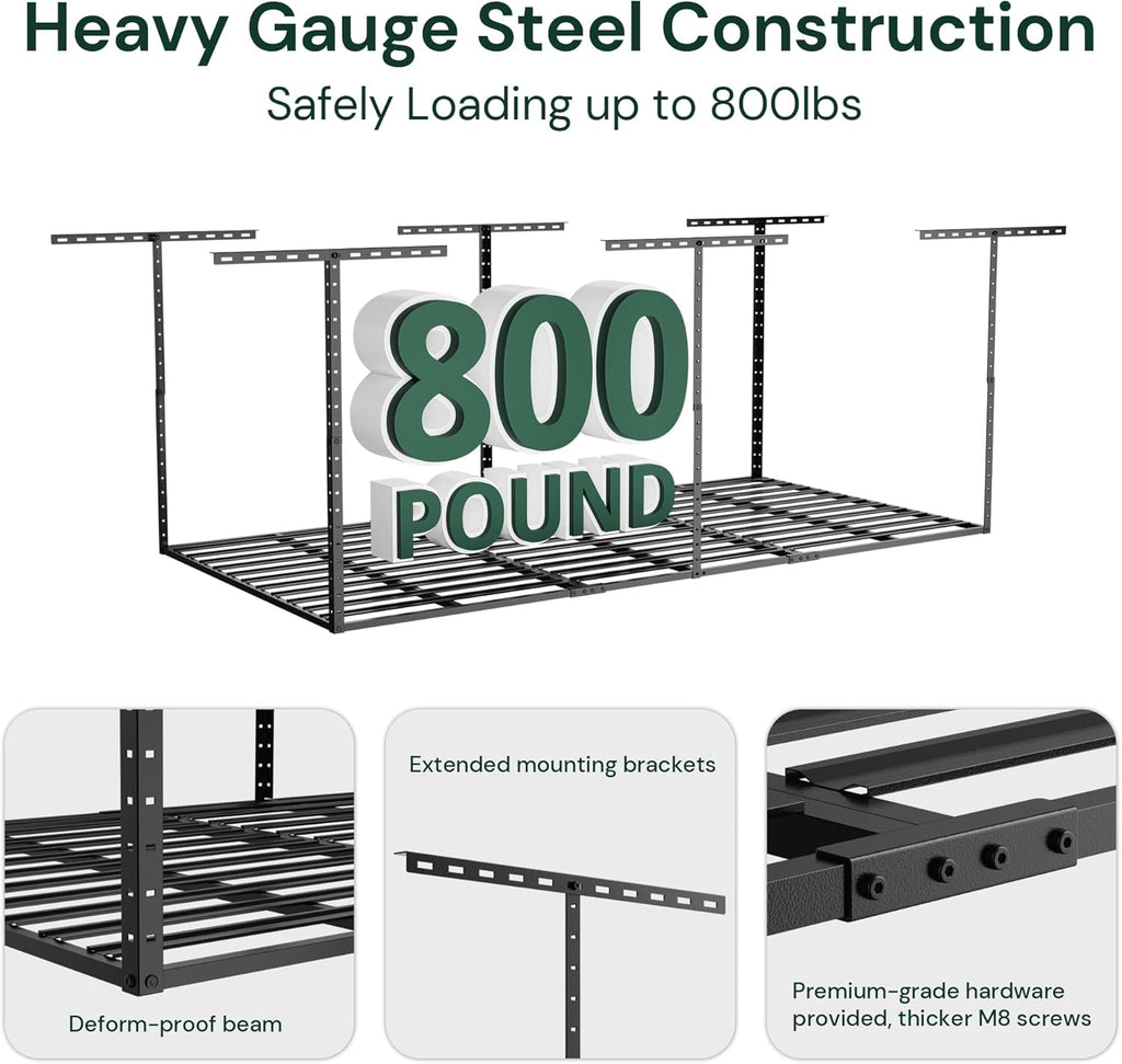 SunsGrove Overhead Garage Storage Rack - Adjustable Ceiling Mount | 800LBS Capacity, Hammertone Black