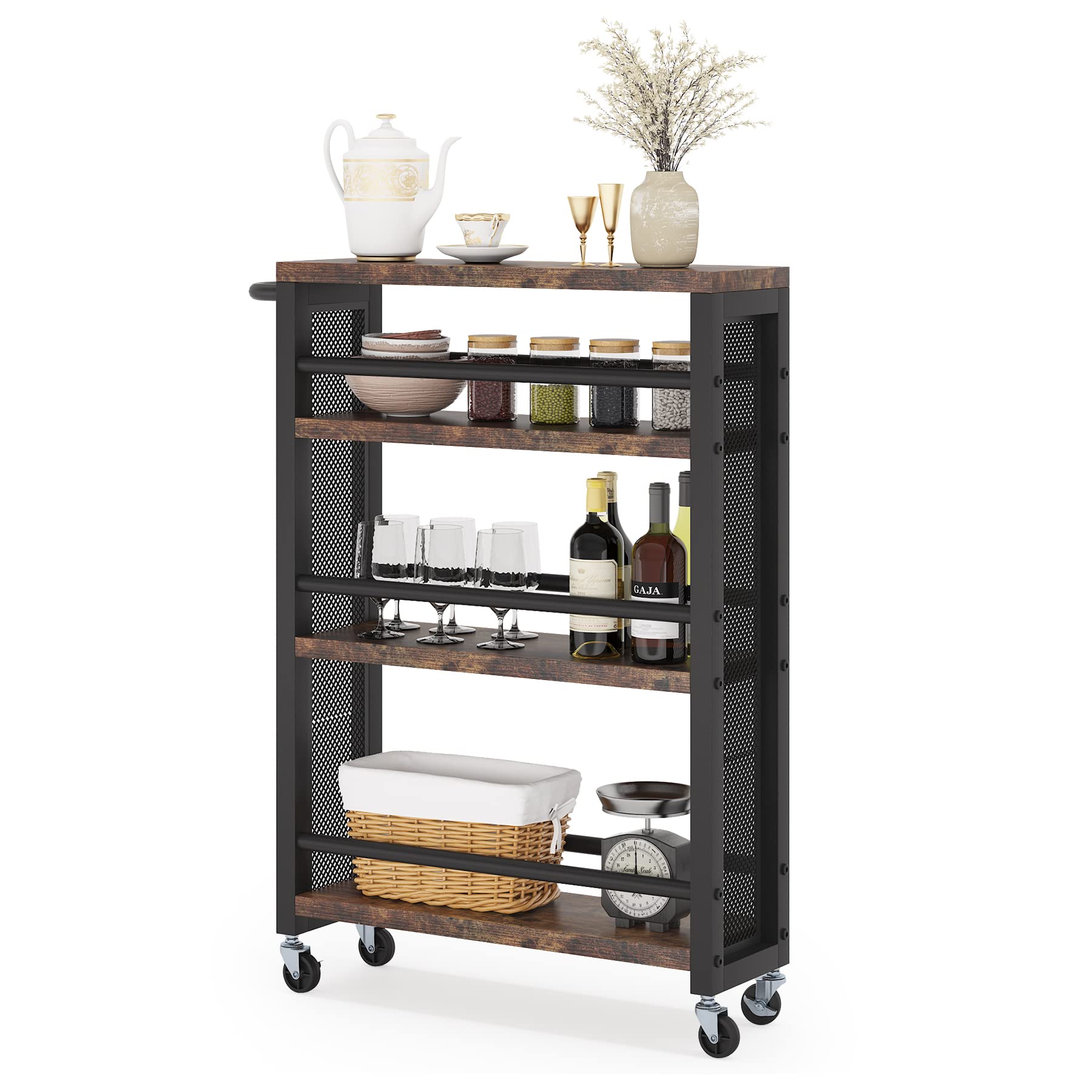 Tribesigns Slim Rolling Utility Carts with Wheels,4-Tier Narrow Kitchen Trolley Cart for Small Space,Wood Spice Storage Rack