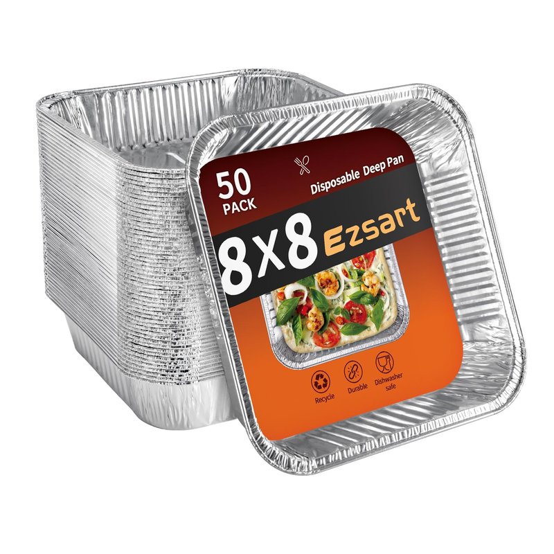 Ezsart Aluminum Pans 8x8-50 Pack Disposable Baking Pans, 8 Inch Square Tin Foil Pans, Aluminum Roasting Trays for Holiday Cooking, Heating and Baking, Christmas, Parties Meal Prep & Storage