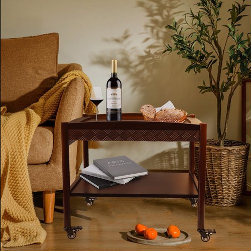 MinBoo Wooden Sofa Side Table with Wheels, 2-Tier Rolling Tea Cart and Coffee Cart, Mobile Storage Cart with Drawers for Kitchen, Bedroom, Office, Home Bar, and Pantry Organization