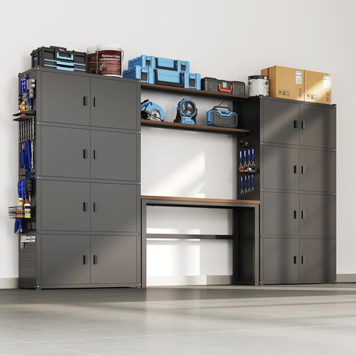 FLEXIMOUNTS Garage Storage Cabinet System - 3-in-1 Modular Metal Tool Cabinet with Workbench & Pegboard | 117" Black, 24-Gauge Steel