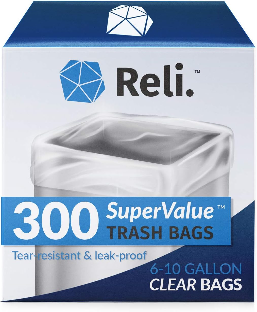 Reli. 6-10 Gallon Clear Trash Bags - 300 Strong Bathroom Garbage Bags for Heavy Duty Use