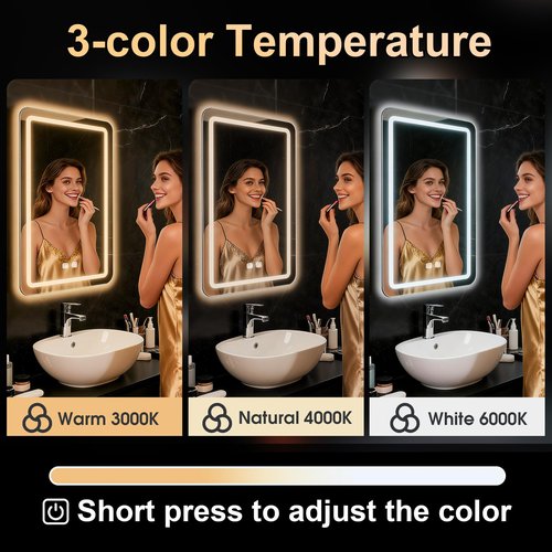 LED Bathroom Mirror, 16 x 24 Inch Anti-Fog Bathroom Mirror with Lights, Stepless Dimmable Lighted Bathroom Mirrors for Wall, Rectangle Bathroom Vanity Mirror with Front and Backlight, Vertically Only
