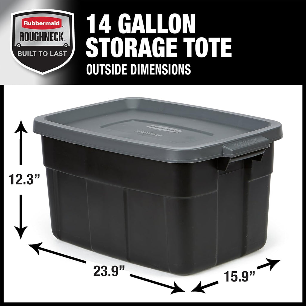Rubbermaid Heavy Duty Black Storage Bins - Durable, Stackable Plastic Totes with Lids | 14 GAL, 6 Pack