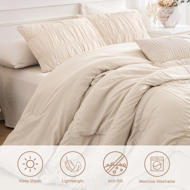 Masaca Queen Comforter Set,Ruched Ruffle Comforter Set Queen,3 Pieces Ultra Soft Lightweight Farmhouse Shabby Boho Chic Bedding (1 Wheat Comforter+2 Pillow Shams)