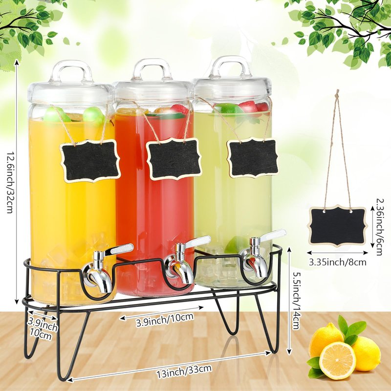 RimCereal 3 Pack 80 oz Tall Glass Drink Dispenser with Stand, Lid, Label and Stainless Steel Leakproof Spigot Beverage Water Dispenser Clear Mason Jar for Party Fridge(Round)