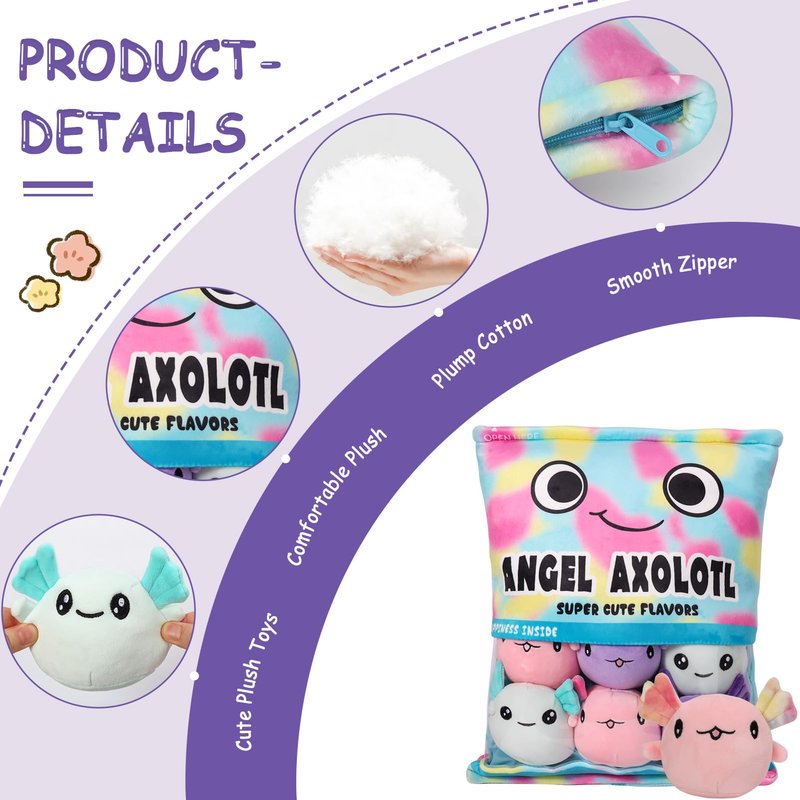 NUKBIL Axolotl Plush Pillow Throw Pillow, Cute Axolotl Plush Toys Doll, Stuffed Axolotl Gift for Kids, Birthday, Christmas, Baby Shower (6 pcs, Colorful)