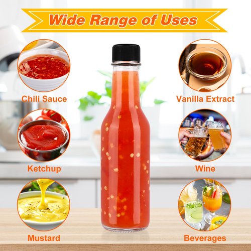 DADILL Hot Sauce Bottles 5 oz, 35 Pack Glass Woozy Bottles with Leak Proof Black Caps, Shrink Capsules & Brush, 150ml Empty Bottles for Hot Sauces, Home Bottling, Oils, Vanilla Extract & Gifts