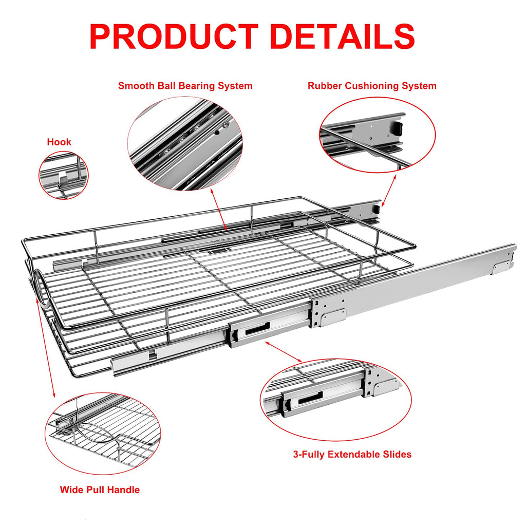 Sikarou Pull Out Cabinet Organizer 26" W x 21" D, Heavy Duty Kitchen Cabinet Pull Out Shelves, Slide Out Wire Basket for Kitchen Cabinets, Bathroom, Pantry, Chrome Finish