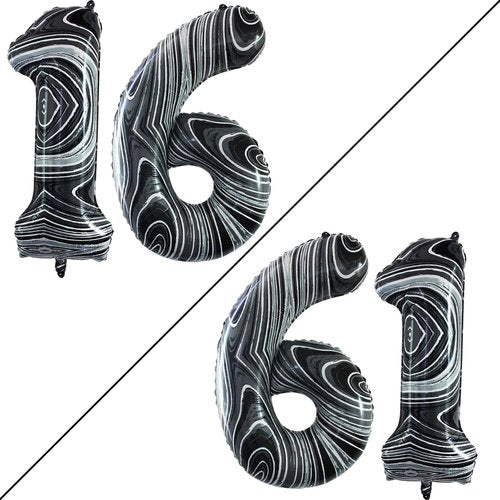 GOER Jumbo Number 16 Balloons - 42 Inch Marble Black Foil Helium Decorations for Sweet 16 Party