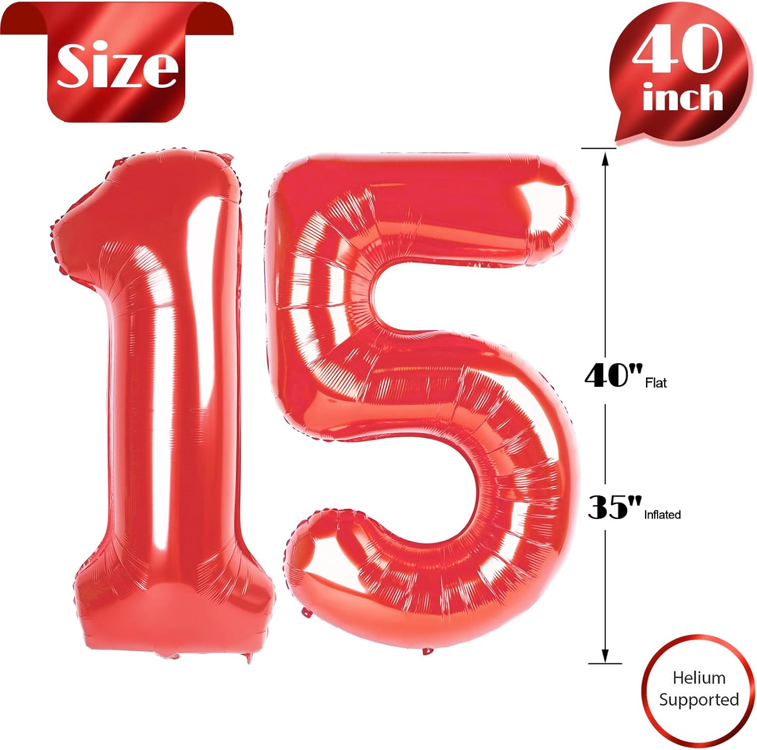Red Number 15 Balloon - 40 Inch 15th Birthday Decoration for Boys & Girls Party Supplies