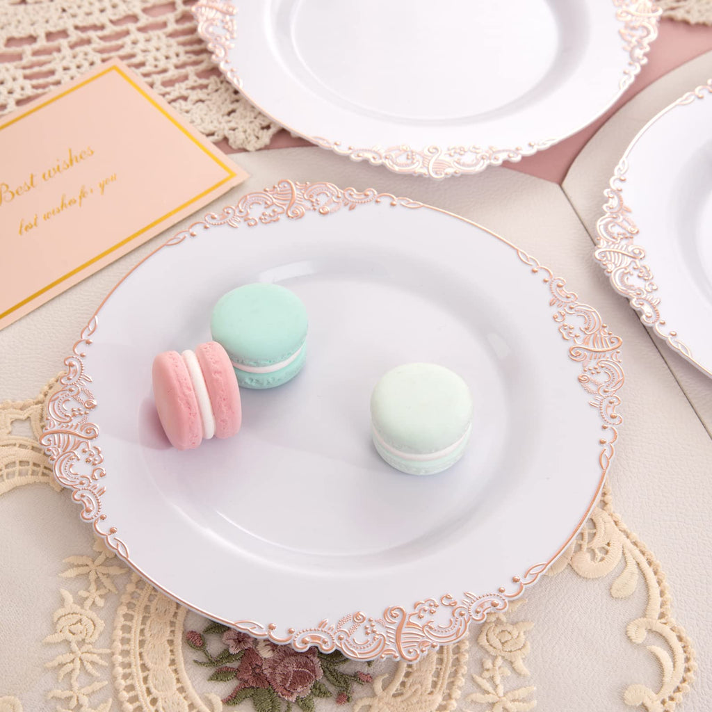Morejoy 100pcs Plastic Plates - Disposable - 7.5 inch White and Rose Gold Dessert Plates for Weddings & Parties & Shower