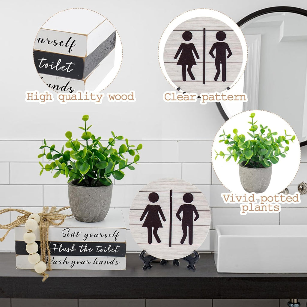 Skiennix Bathroom Shelf Decor - Funny Wooden Signs with Fake Plants | 3D Round Design for Guest Restrooms