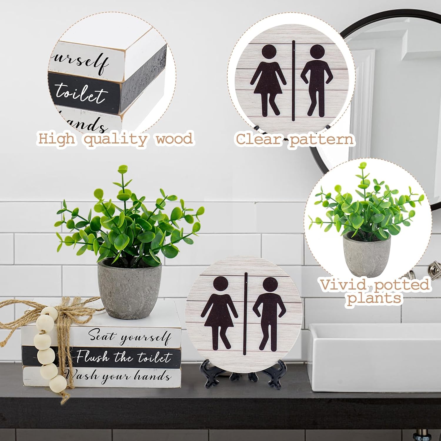 Skiennix Bathroom Shelf Decor - Funny Wooden Signs with Fake Plants | 3D Round Design for Guest Restrooms