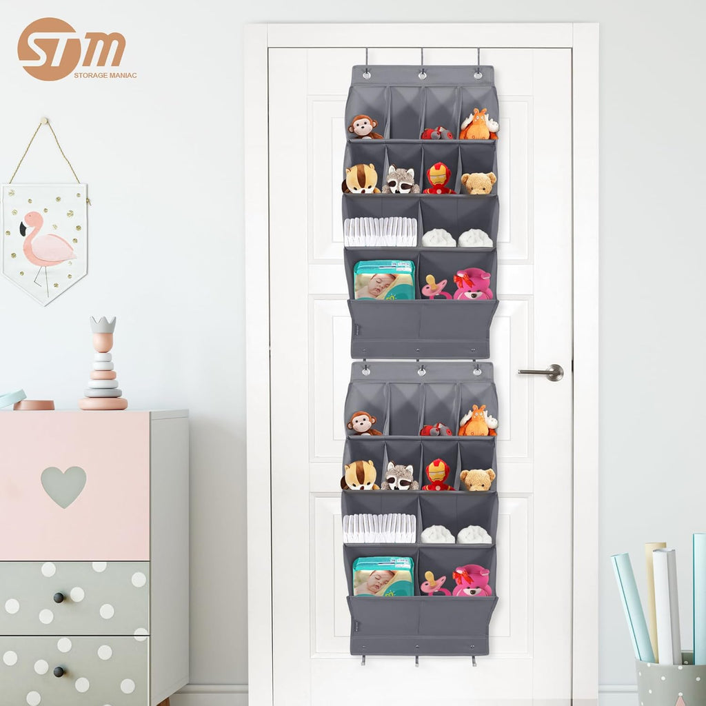 Storage Maniac Over Door Shoe Organizer - 12 Pocket Hanging Rack for Closet & Dorm | Grey