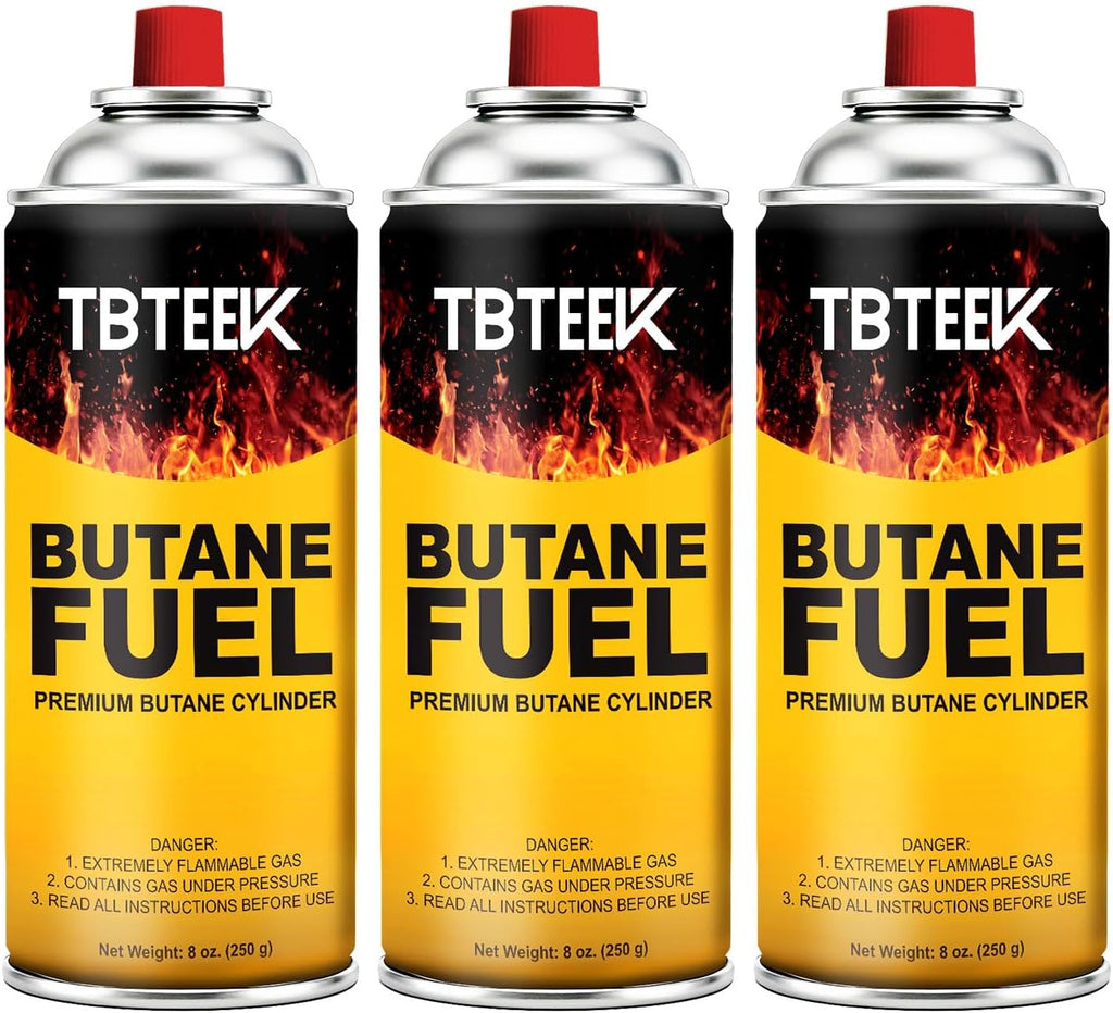 TBTeek Butane Fuel Canister - Premium 8 oz Pure Refined Butane Gas Refill | 3-Pack for Kitchen Torch, Camping & Grilling