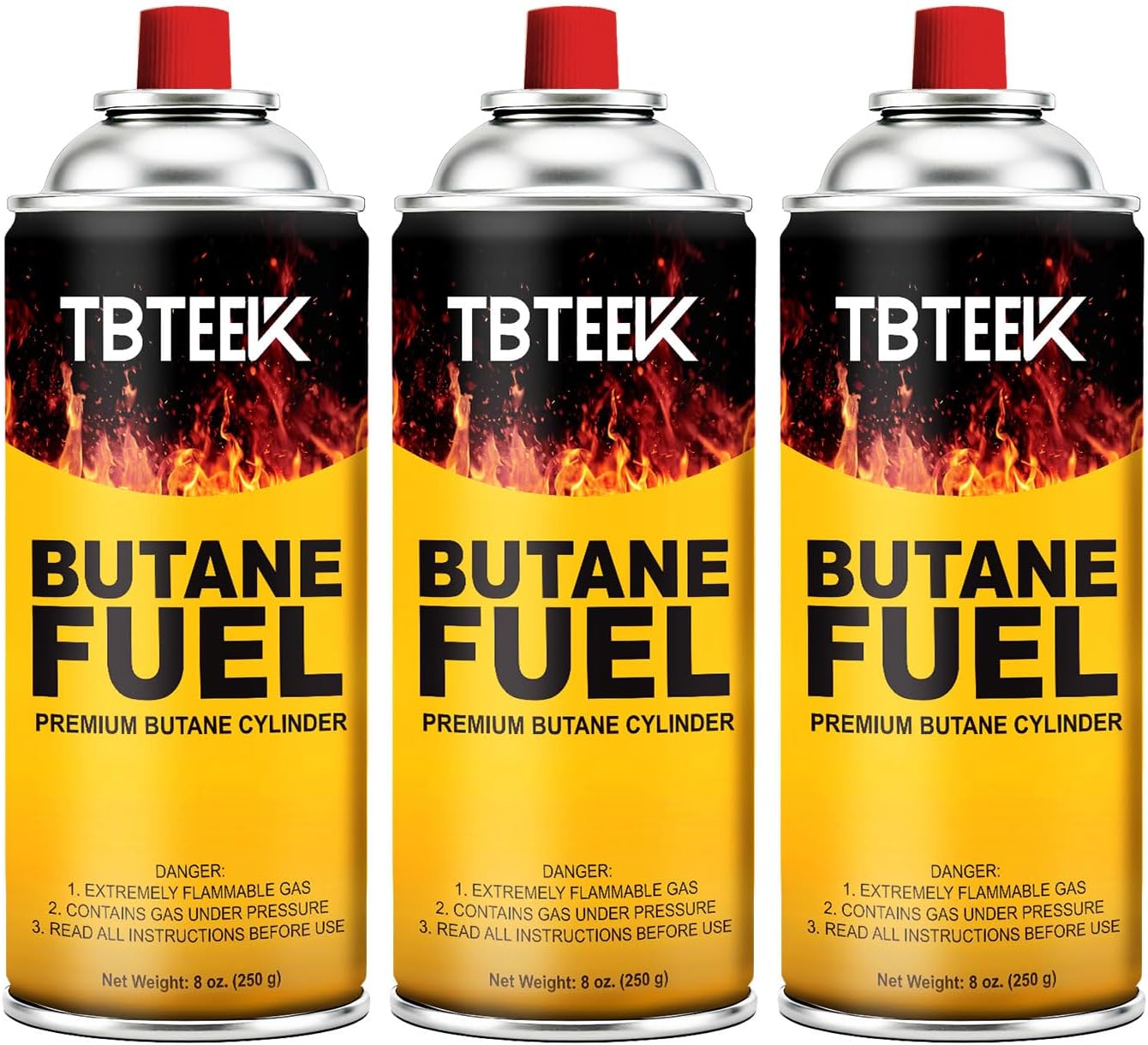 TBTeek Butane Fuel Canister - Premium 8 oz Pure Refined Butane Gas Refill | 3-Pack for Kitchen Torch, Camping & Grilling