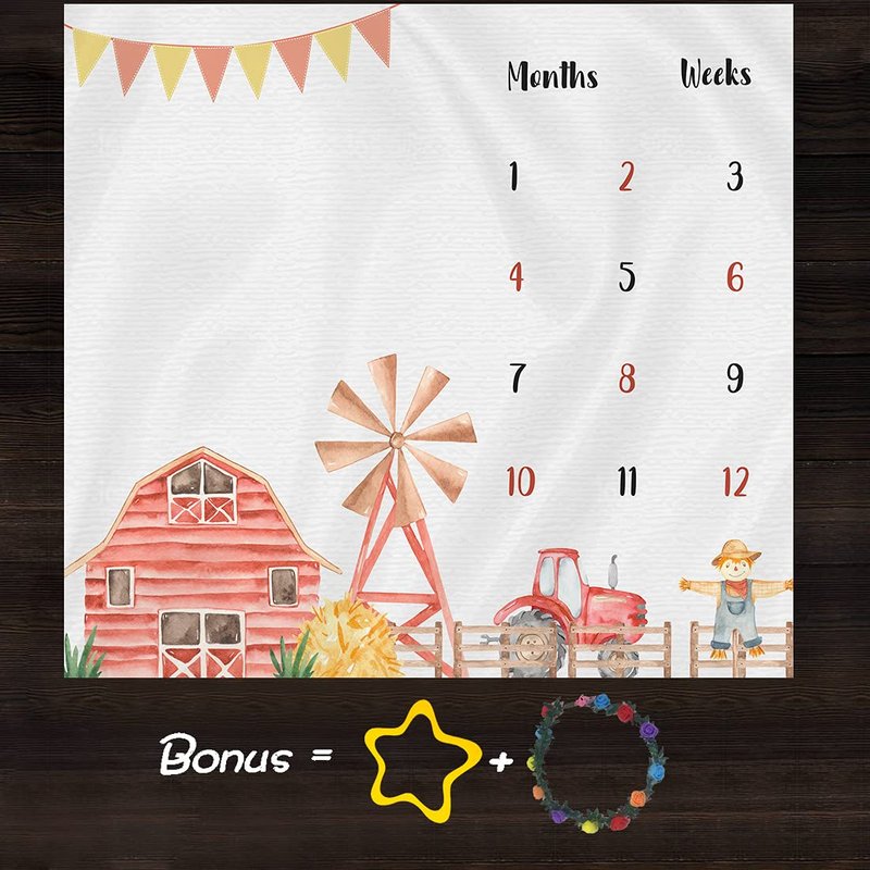 F-FUN SOUL Monthly Milestone Blanket, 48x40in, Farm Baby Blankets, Tractor and Barn Nursery Swaddling Blankets, Newborn Mom Gifts, Baby Shower Age Growth Tracker with Bonus Maker