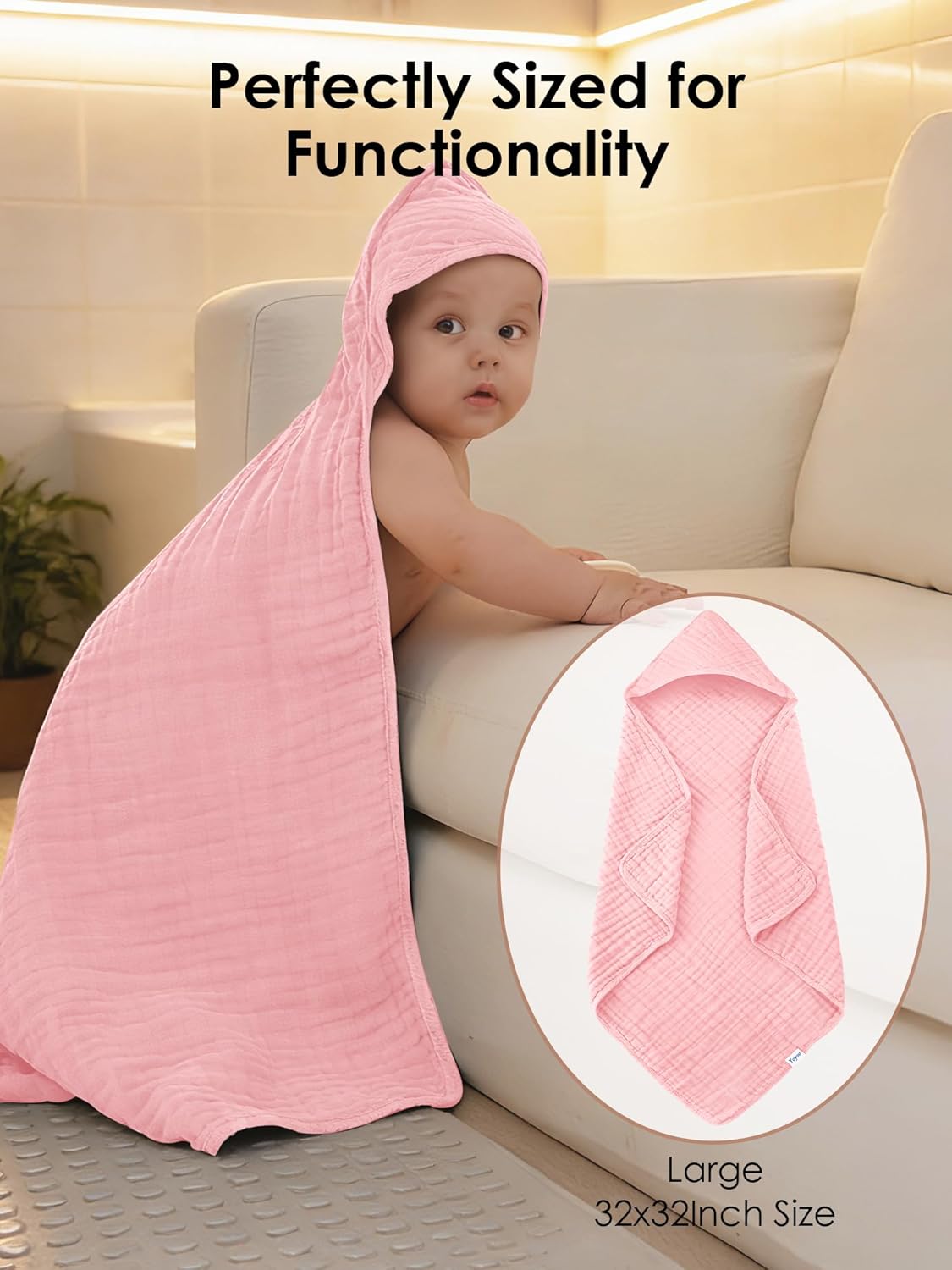Muslin Hooded Baby Bath Towels - Ultra-Soft 100% Cotton | 3 Pack for Newborns & Toddlers - 32x32 Inch, Quick-Dry Pink Series
