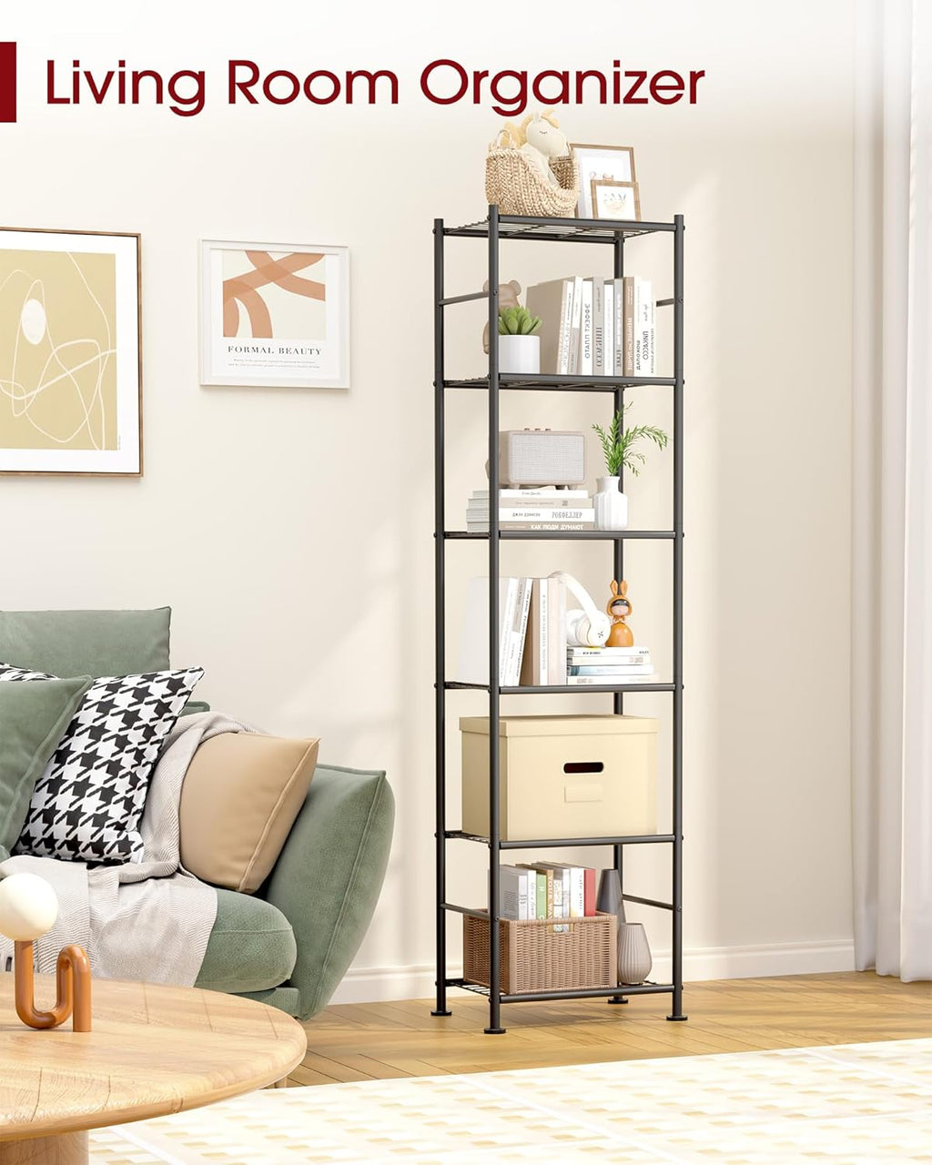 Sakugi 6-Tier Metal Storage Shelves - Slim Organizer with Reinforced Bars for Kitchen & Bathroom | 18.2" x 12.5" x 70.1", Black