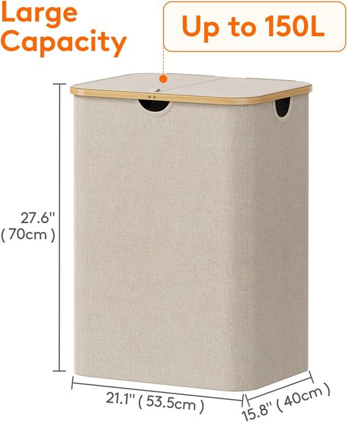 Lifewit 150L Laundry Basket - Foldable Clothes Hamper with Lid & Bamboo Handles | Beige